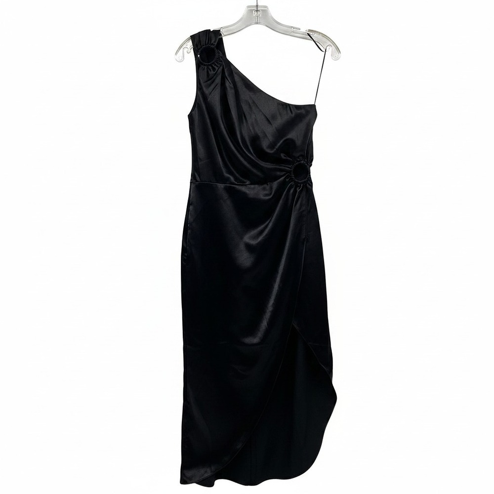 French Connection Black Satin O-Ring One Shoulder Midi Dress | Women’s Size 2